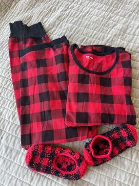 Old Navy Red and Black Buffalo Plaid Pajama Set with Grippy Slipper Socks